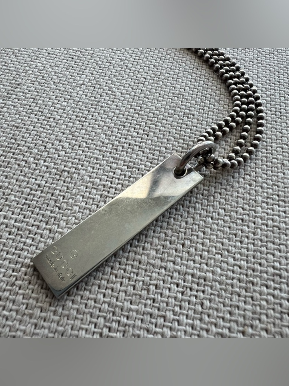 GUCCI • Silver Rectangular Bar Pendant Double Ball Chain Necklace